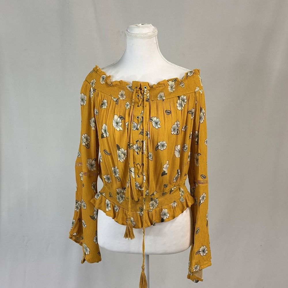 Wishful Park Sz L Off Shoulder Lace Up Smocked Floral Top Coquette Romantic